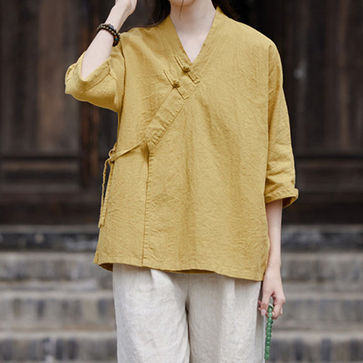 Cardigan à manches mi-longues en coton et lin pour femme, motif patchwork à lacets sur le côté, style Buddha Stones zen et zen, couleur pure