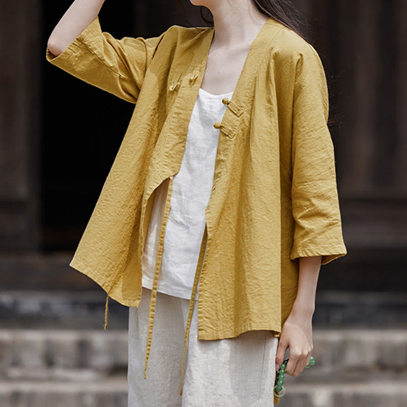 Cardigan à manches mi-longues en coton et lin pour femme, motif patchwork à lacets sur le côté, style Buddha Stones zen et zen, couleur pure