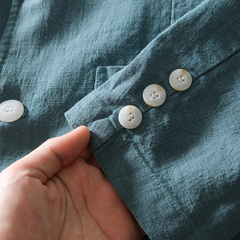 Chemise à manches longues et patte de boutonnage pour homme, motif Buddha Stones , en coton et lin, avec poches - image 4