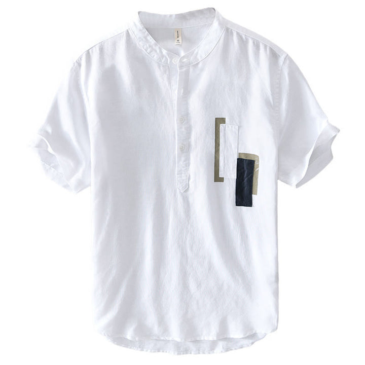 Chemise à manches courtes en coton et lin pour homme, motif Buddha Stones Daily Plain Patch, couleur assortie - image 3