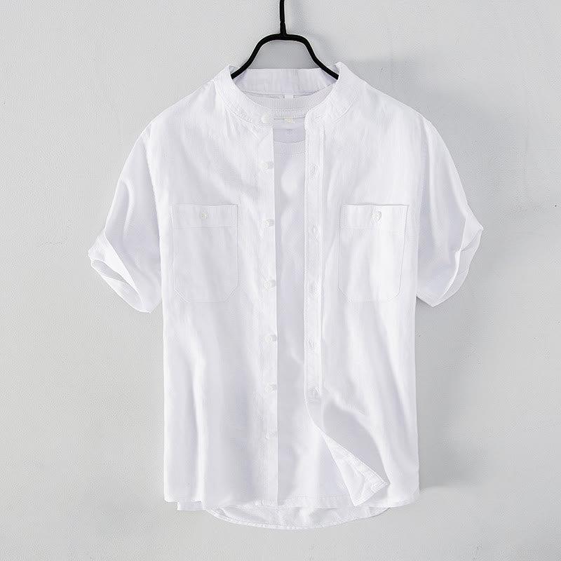 Chemise décontractée à manches courtes en coton et lin pour homme, avec Buddha Stones simples et col montant, avec poches avant - Blanc - US/UK/AU42,EU52 (3XL) - image 1