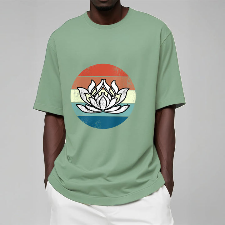 T-shirt en coton à rayures colorées avec Buddha Stones et lotus en fleurs - image 16