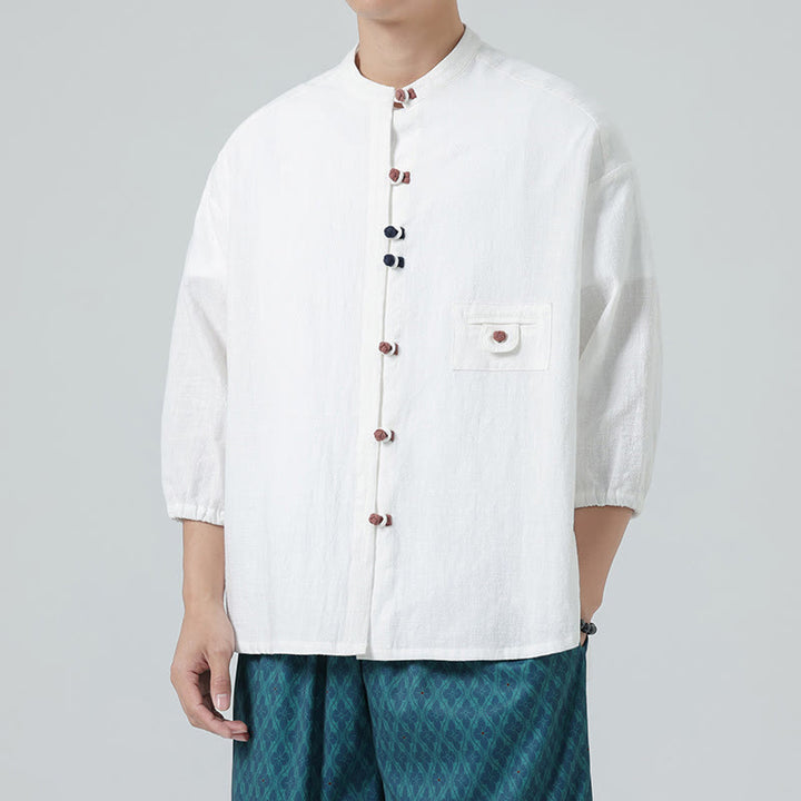 Buddha Stones d'été en coton à manches trois-quarts et col montant pour homme avec boutons grenouille et poche