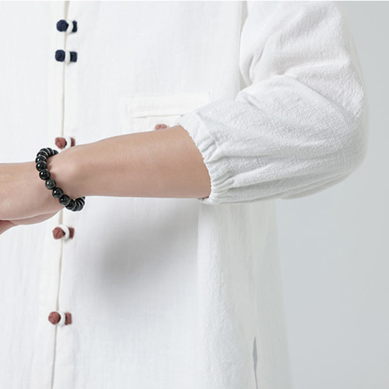 Buddha Stones d'été en coton à manches trois-quarts et col montant pour homme avec boutons grenouille et poche