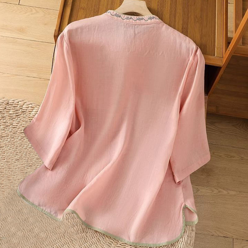 Buddha Stones décontractée en coton et lin pour femme, style ethnique, broderie florale, boutons grenouille, col montant - image 3