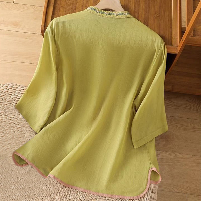 Buddha Stones décontractée en coton et lin pour femme, style ethnique, broderie florale, boutons grenouille, col montant - image 7