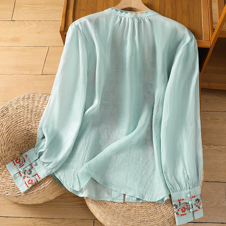 Chemise à manches longues lanterne en coton et lin pour femme, broderie vintage Buddha Stones, simple rangée, patte de boutonnage multi-boutons - image 12
