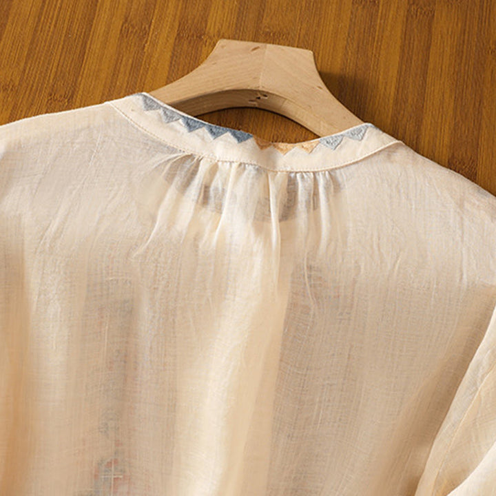 Chemise à manches longues lanterne en coton et lin pour femme, broderie vintage Buddha Stones, simple rangée, patte de boutonnage multi-boutons - image 3