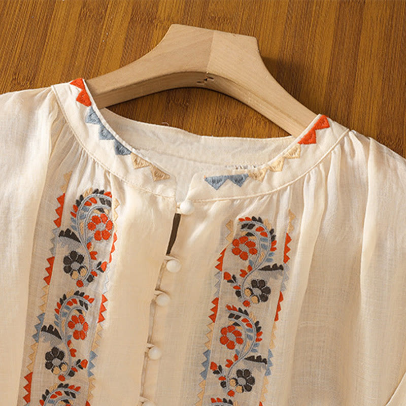 Chemise à manches longues lanterne en coton et lin pour femme, broderie vintage Buddha Stones, simple rangée, patte de boutonnage multi-boutons - image 2