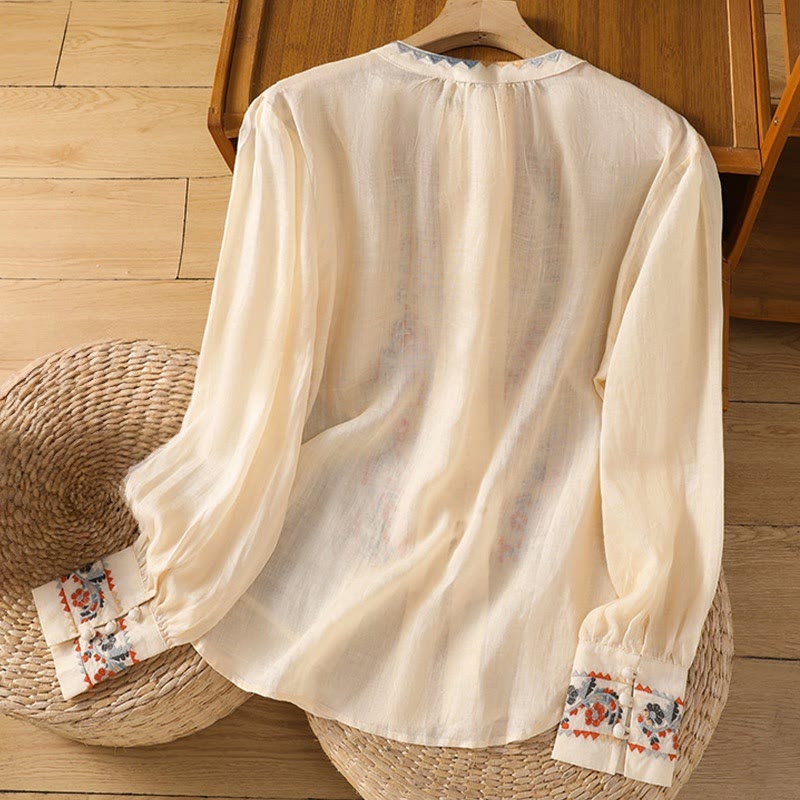 Chemise à manches longues lanterne en coton et lin pour femme, broderie vintage Buddha Stones, simple rangée, patte de boutonnage multi-boutons - image 1
