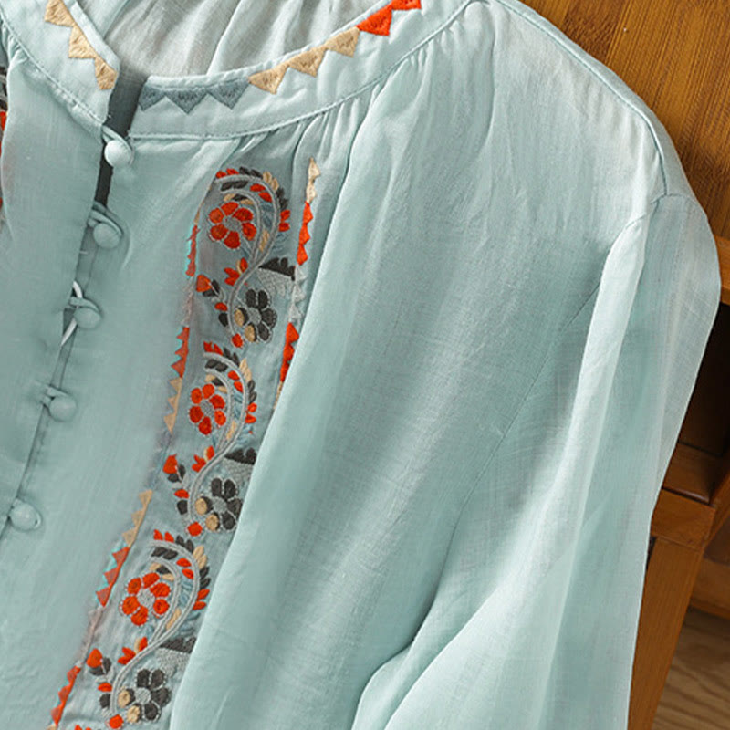 Chemise à manches longues lanterne en coton et lin pour femme, broderie vintage Buddha Stones, simple rangée, patte de boutonnage multi-boutons - image 14