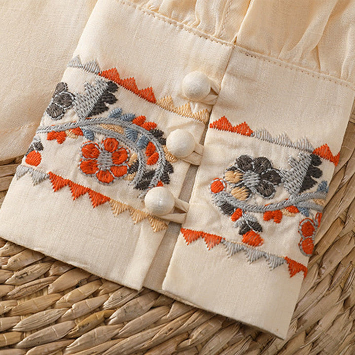 Chemise à manches longues lanterne en coton et lin pour femme, broderie vintage Buddha Stones, simple rangée, patte de boutonnage multi-boutons - image 4