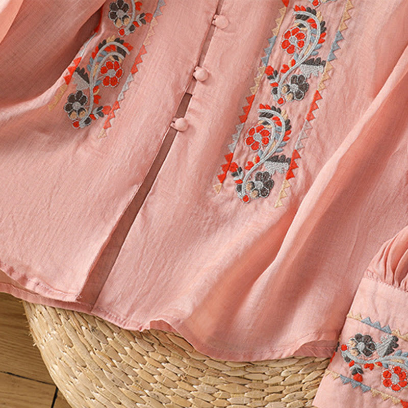 Chemise à manches longues lanterne en coton et lin pour femme, broderie vintage Buddha Stones, simple rangée, patte de boutonnage multi-boutons - image 9