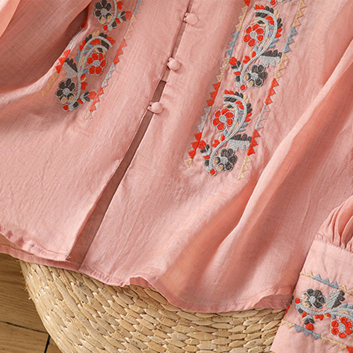 Chemise à manches longues lanterne en coton et lin pour femme, broderie vintage Buddha Stones, simple rangée, patte de boutonnage multi-boutons - image 9