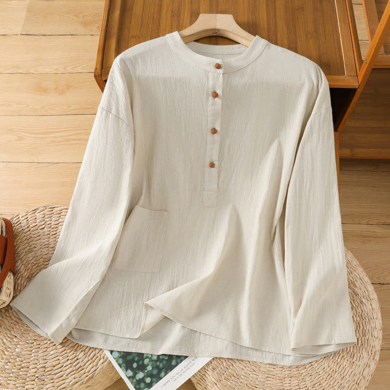 Buddha Stones d'été décontractée en coton et lin pour femme, couleur unie, demi-bouton, design simple, avec poche - Jaune clair - US12,UK/AU16,EU44 (2XL) - image 0