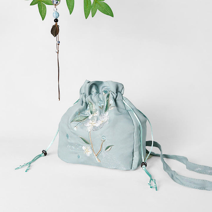 Sac fourre-tout en toile brodé de Buddha Stones , de fleurs vertes et de feuilles, sac à bandoulière, sac à main