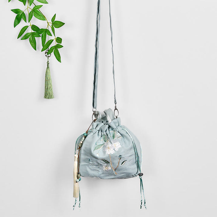 Sac fourre-tout en toile brodé de Buddha Stones , de fleurs vertes et de feuilles, sac à bandoulière, sac à main