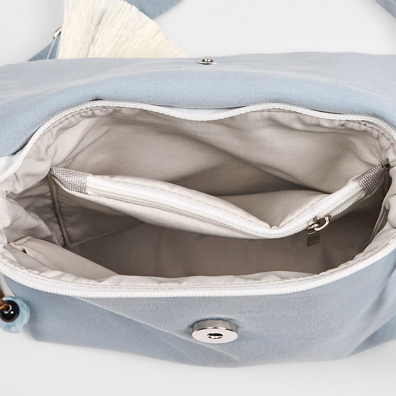 Sac bandoulière en coton et lin Epiphyllum bleu clair brodé Buddha Stones