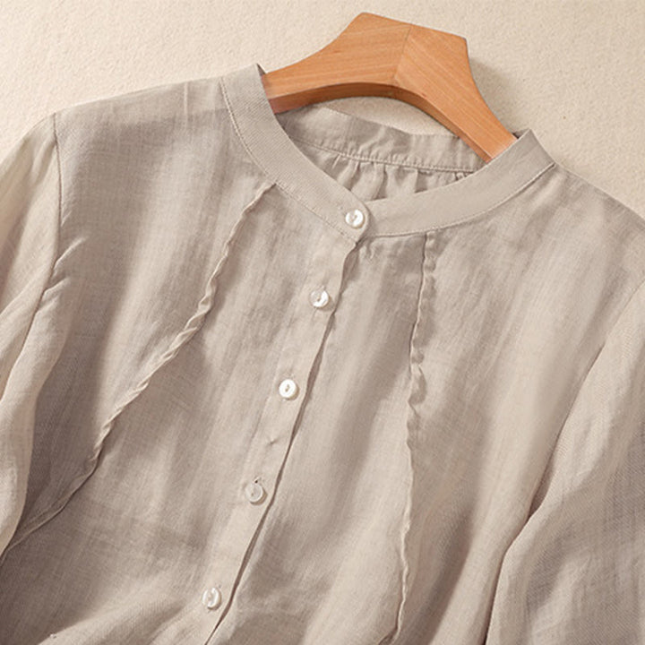 Cardigan décontracté à manches trois-quarts en coton et lin pour femme, col montant, Buddha Stones , à volants, style quotidien - image 9