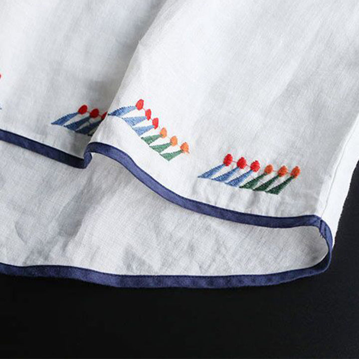 T-shirt à manches courtes en coton et lin pour femme, motif floral rétro brodé artistique, motif Buddha Stones, col ras du cou - image 7