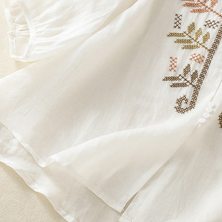 Cardigan décontracté à manches trois-quarts en coton et lin pour femme, motif feuilles et broderie artistique, motif Buddha Stones - image 20