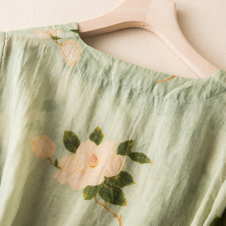 Chemise à manches longues en coton et lin pour femme, cardigan Buddha Stones , vert clair, imprimé artistique, motif floral, grenouille chinoise, boutons - image 5