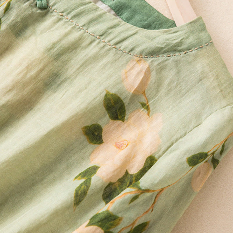 Chemise à manches longues en coton et lin pour femme, cardigan Buddha Stones , vert clair, imprimé artistique, motif floral, grenouille chinoise, boutons - image 4