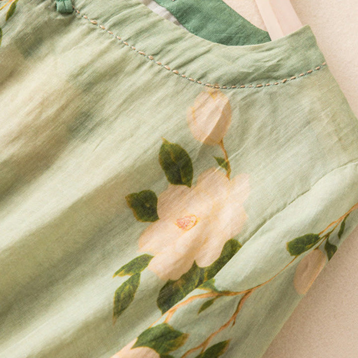 Chemise à manches longues en coton et lin pour femme, cardigan Buddha Stones , vert clair, imprimé artistique, motif floral, grenouille chinoise, boutons - image 4