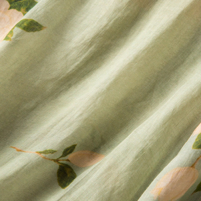 Chemise à manches longues en coton et lin pour femme, cardigan Buddha Stones , vert clair, imprimé artistique, motif floral, grenouille chinoise, boutons - image 8