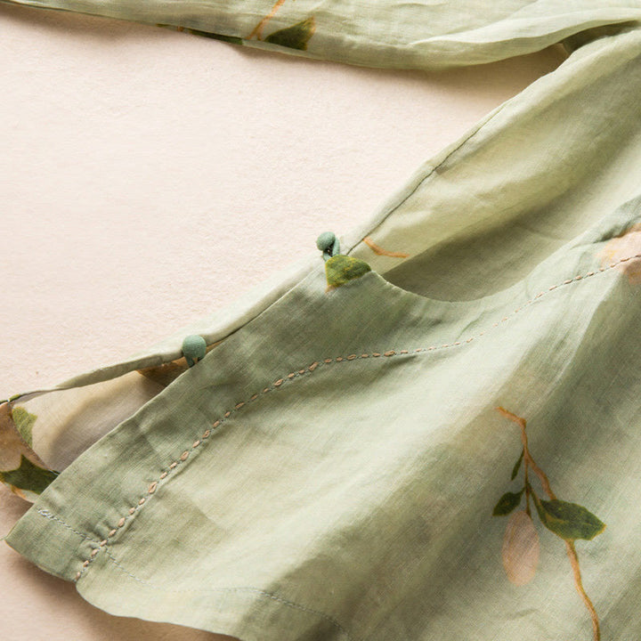 Chemise à manches longues en coton et lin pour femme, cardigan Buddha Stones , vert clair, imprimé artistique, motif floral, grenouille chinoise, boutons - image 13