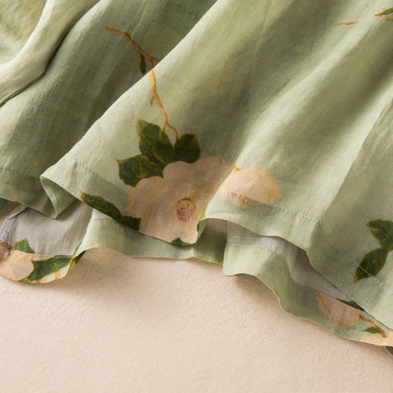 Chemise à manches longues en coton et lin pour femme, cardigan Buddha Stones , vert clair, imprimé artistique, motif floral, grenouille chinoise, boutons - image 15