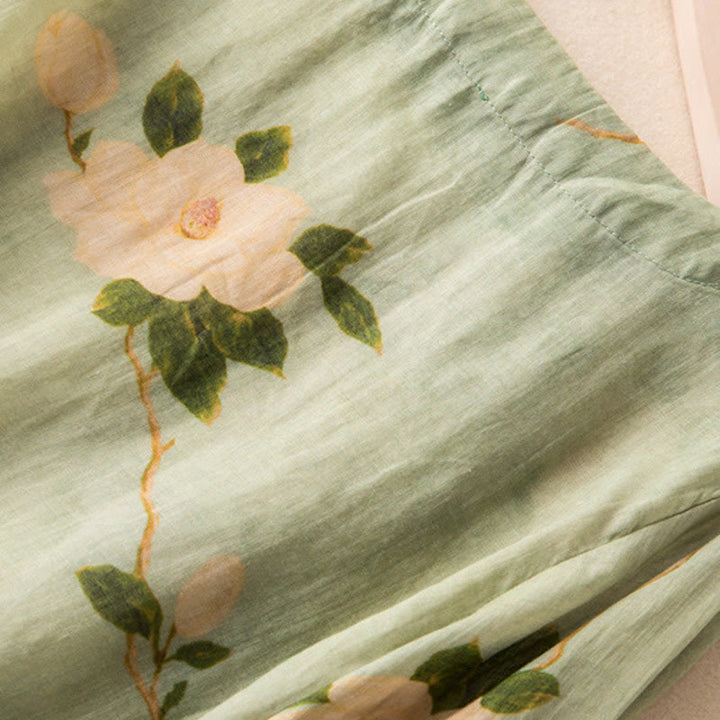 Chemise à manches longues en coton et lin pour femme, cardigan Buddha Stones , vert clair, imprimé artistique, motif floral, grenouille chinoise, boutons - image 11