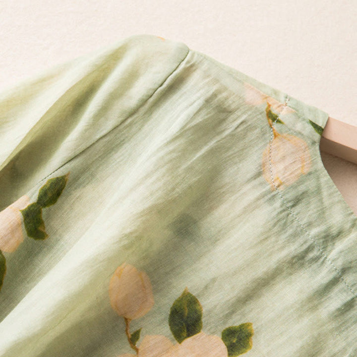 Chemise à manches longues en coton et lin pour femme, cardigan Buddha Stones , vert clair, imprimé artistique, motif floral, grenouille chinoise, boutons - image 7