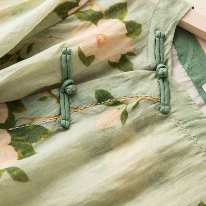 Chemise à manches longues en coton et lin pour femme, cardigan Buddha Stones , vert clair, imprimé artistique, motif floral, grenouille chinoise, boutons - image 6