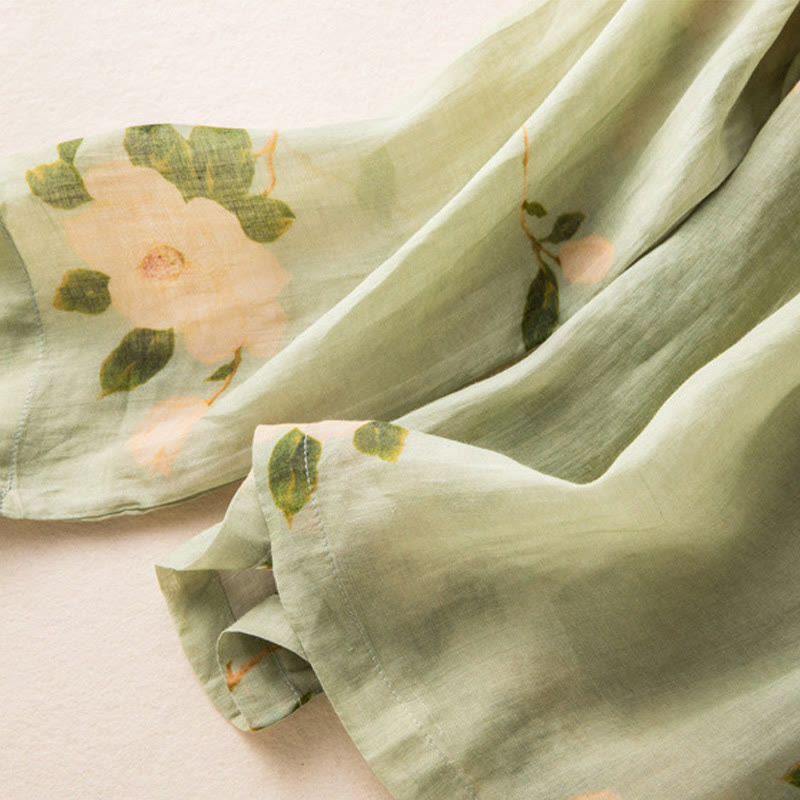 Chemise à manches longues en coton et lin pour femme, cardigan Buddha Stones , vert clair, imprimé artistique, motif floral, grenouille chinoise, boutons - image 10