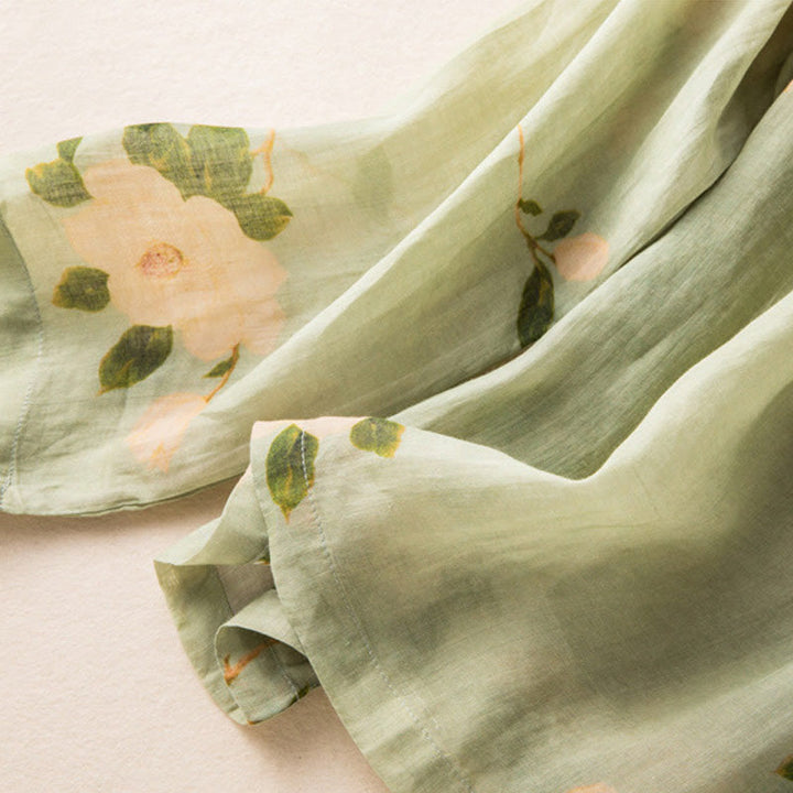 Chemise à manches longues en coton et lin pour femme, cardigan Buddha Stones , vert clair, imprimé artistique, motif floral, grenouille chinoise, boutons - image 10