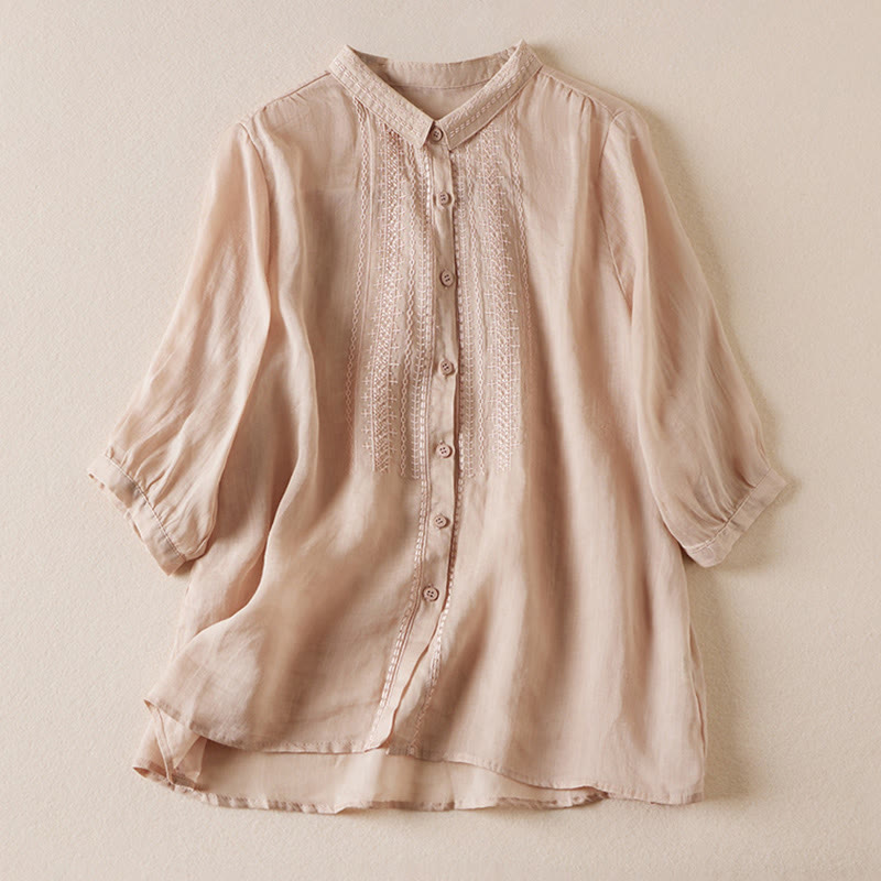 Chemise d'été décontractée à manches mi-longues en coton et lin pour femme, motif Buddha Stones, style vintage, couleur pure, avec boutons brodés - BurlyWood - US8-10,UK/AU12-14,EU40-42 (2XL) - image 0