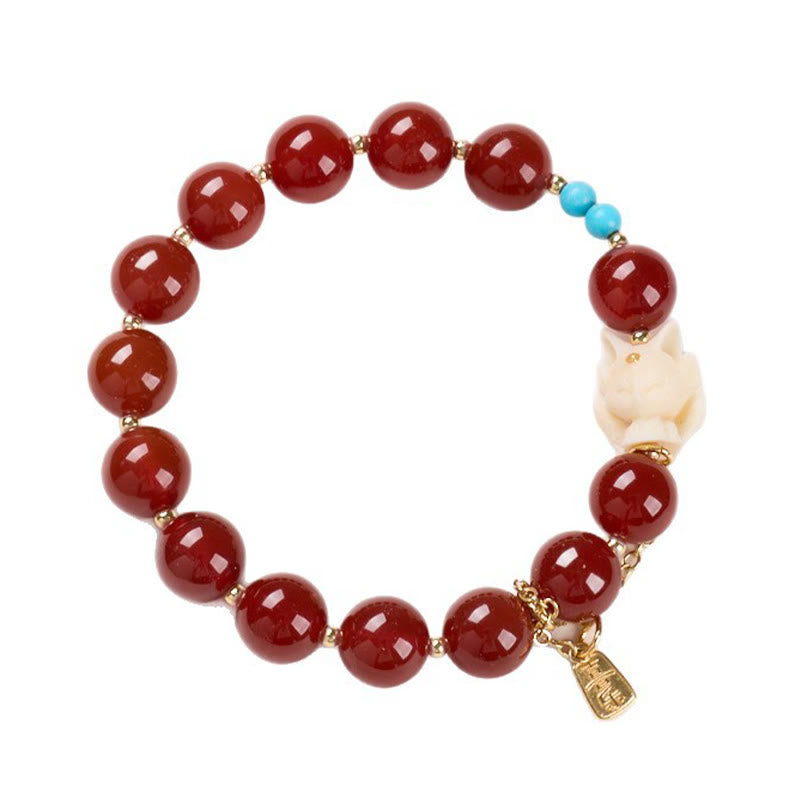Bracelet de confiance en or plaqué cuivre avec Buddha Stones et renard à neuf queues, agate rouge, fruit ivoire
