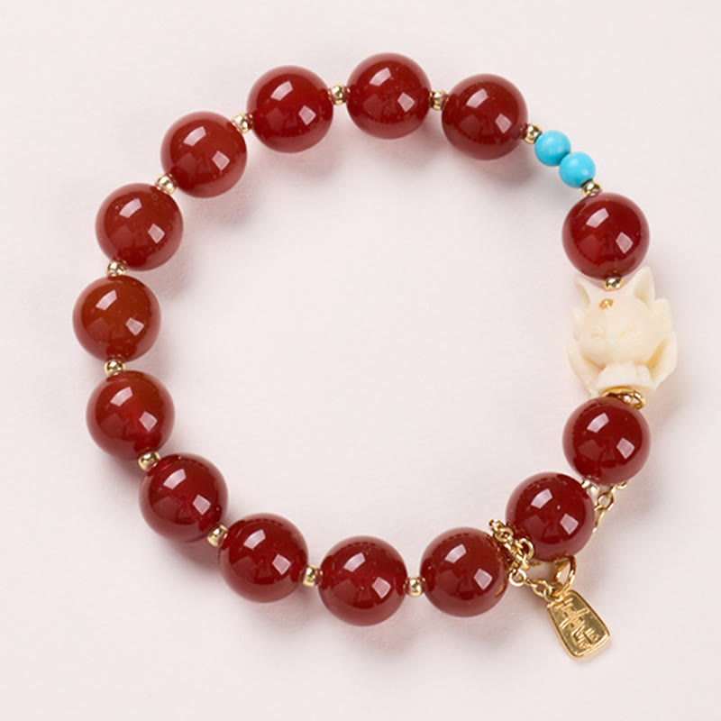 Bracelet de confiance en or plaqué cuivre avec Buddha Stones et renard à neuf queues, agate rouge, fruit ivoire