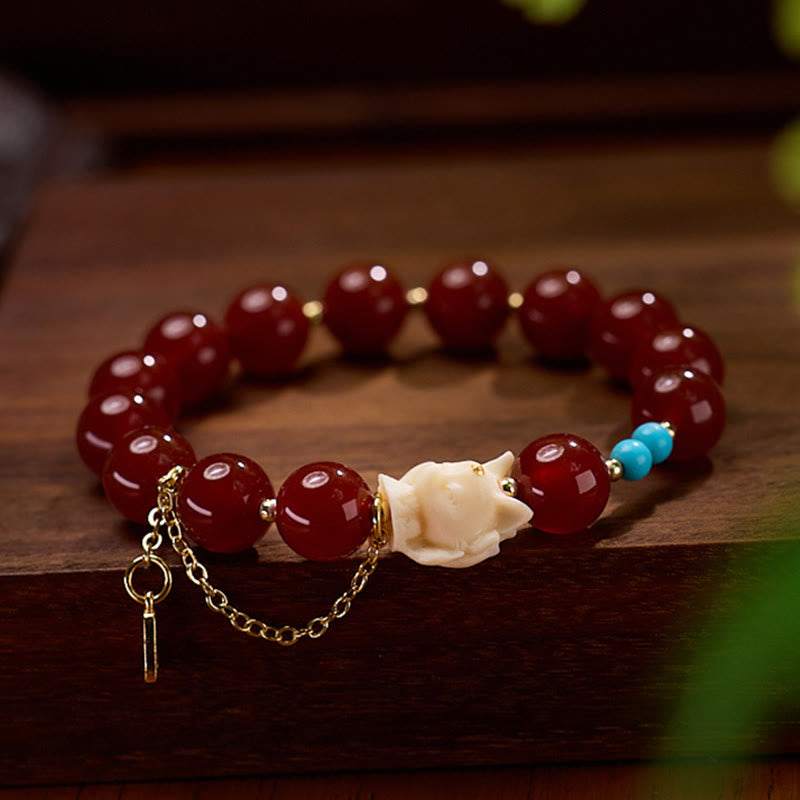 Bracelet de confiance en or plaqué cuivre avec Buddha Stones et renard à neuf queues, agate rouge, fruit ivoire