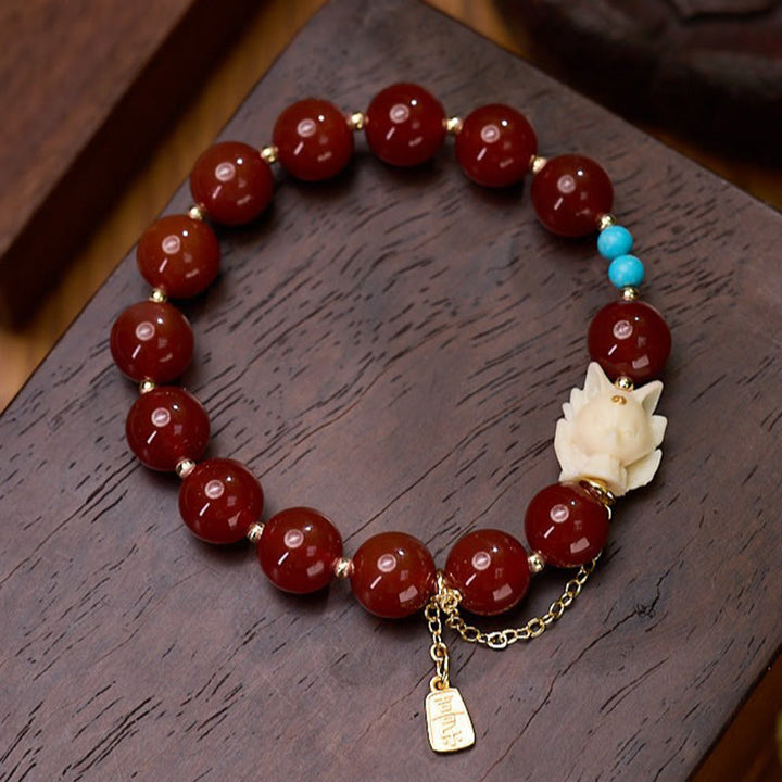 Bracelet de confiance en or plaqué cuivre avec Buddha Stones et renard à neuf queues, agate rouge, fruit ivoire