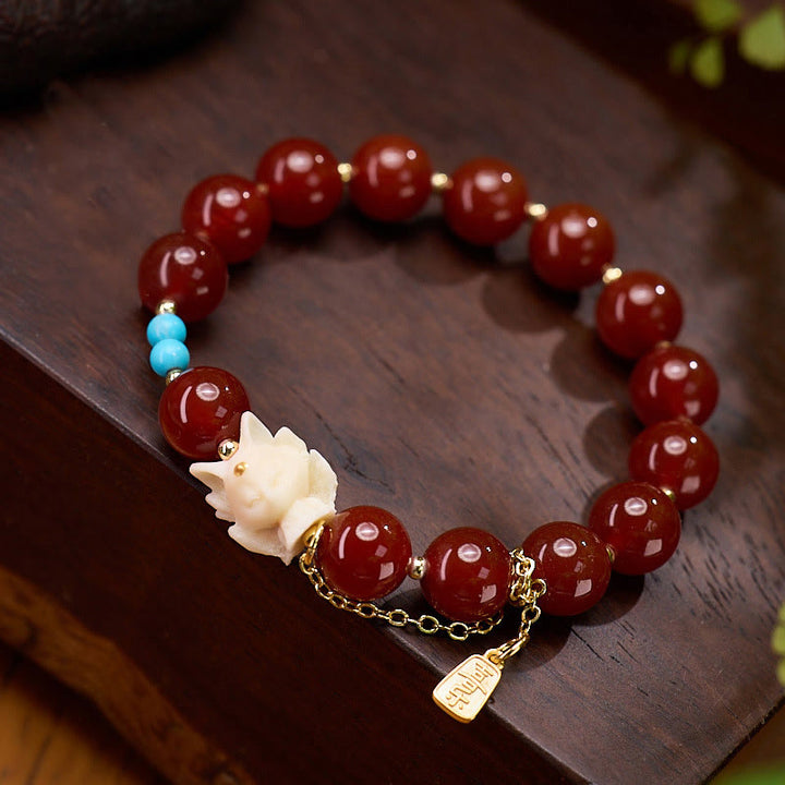 Bracelet de confiance en or plaqué cuivre avec Buddha Stones et renard à neuf queues, agate rouge, fruit ivoire