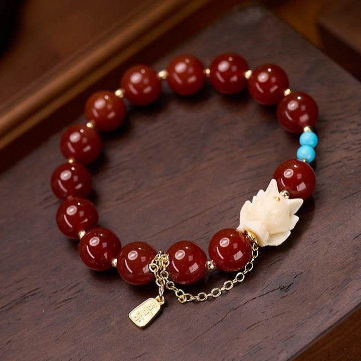 Bracelet de confiance en or plaqué cuivre avec Buddha Stones et renard à neuf queues, agate rouge, fruit ivoire
