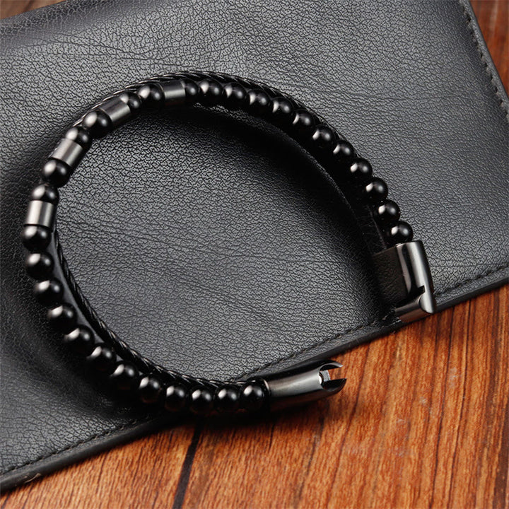 Bracelet à boucle d'équilibre en acier titane et cuir multicouche avec pierres givrées Buddha Stones