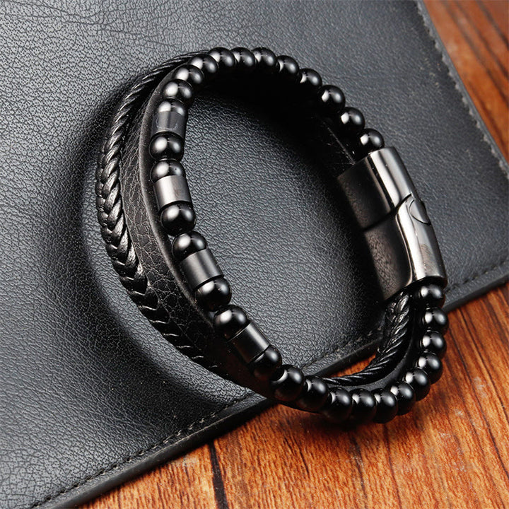 Bracelet à boucle d'équilibre en acier titane et cuir multicouche avec pierres givrées Buddha Stones