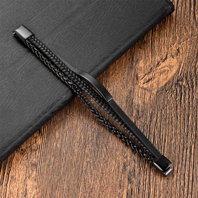 Bracelet en cuir multicouche avec boucle en acier titane et motif tissé de Buddha Stones