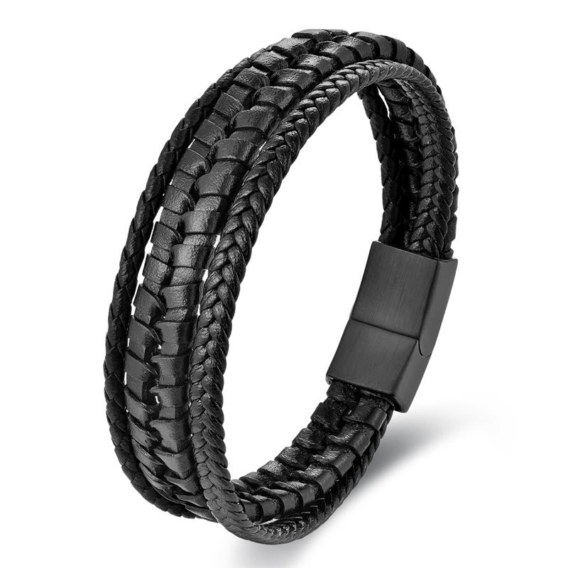 Bracelet en cuir multicouche renforcé en acier titane avec motif tressé simple et Buddha Stones