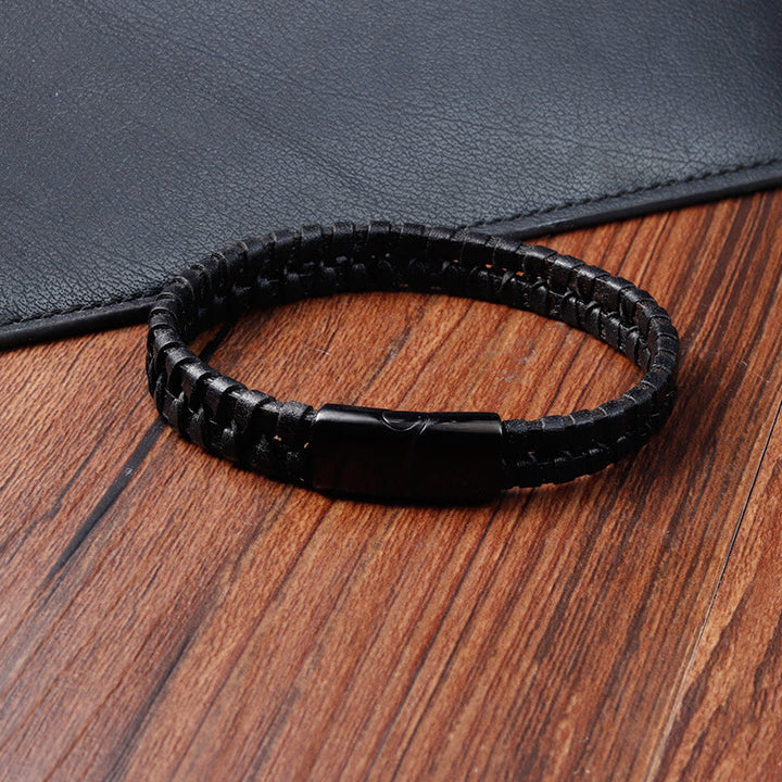 Bracelet en cuir multicouche renforcé en acier titane avec motif tressé simple et Buddha Stones