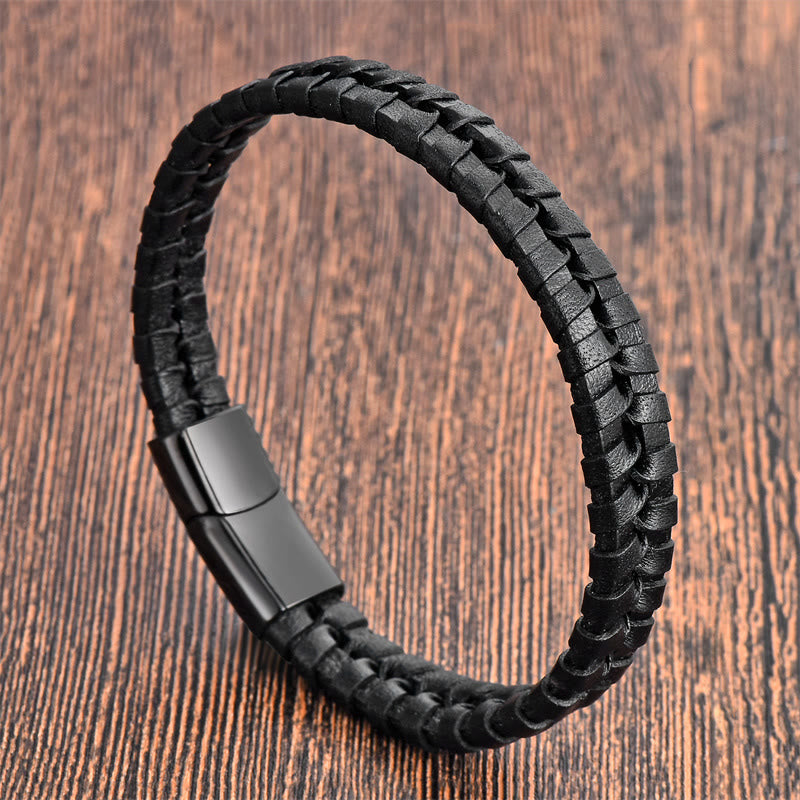 Bracelet en cuir multicouche renforcé en acier titane avec motif tressé simple et Buddha Stones