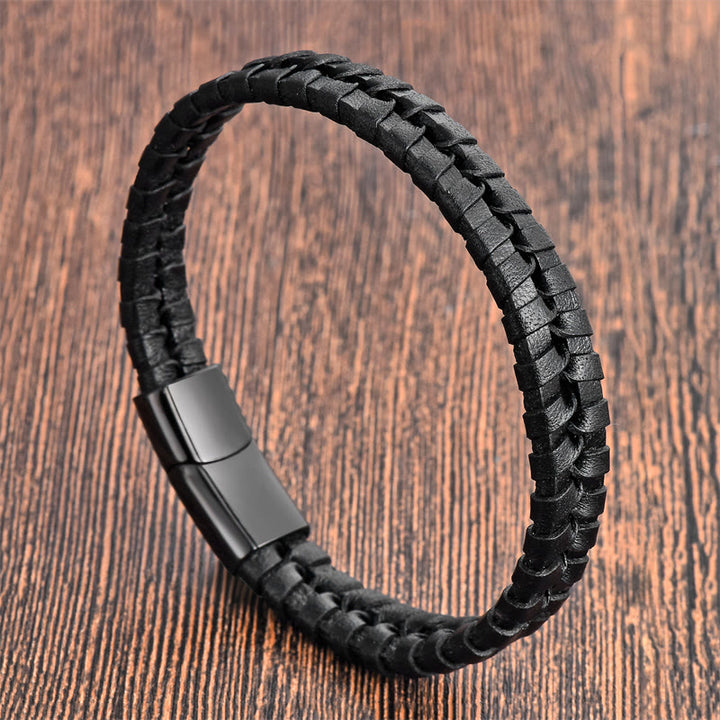 Bracelet en cuir multicouche renforcé en acier titane avec motif tressé simple et Buddha Stones